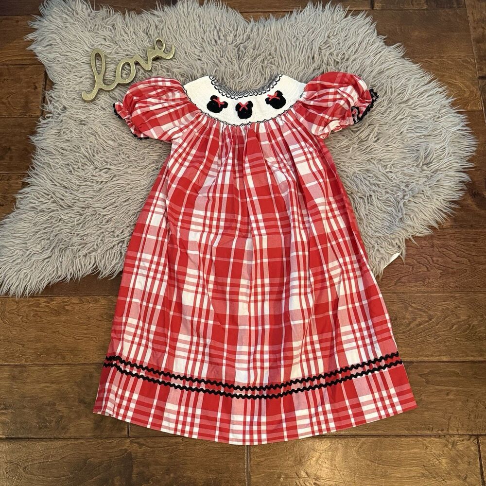 Babccni Dress Size 4 Smocked Red & White Minnie Mouse Plaid Rickrack Cotton
